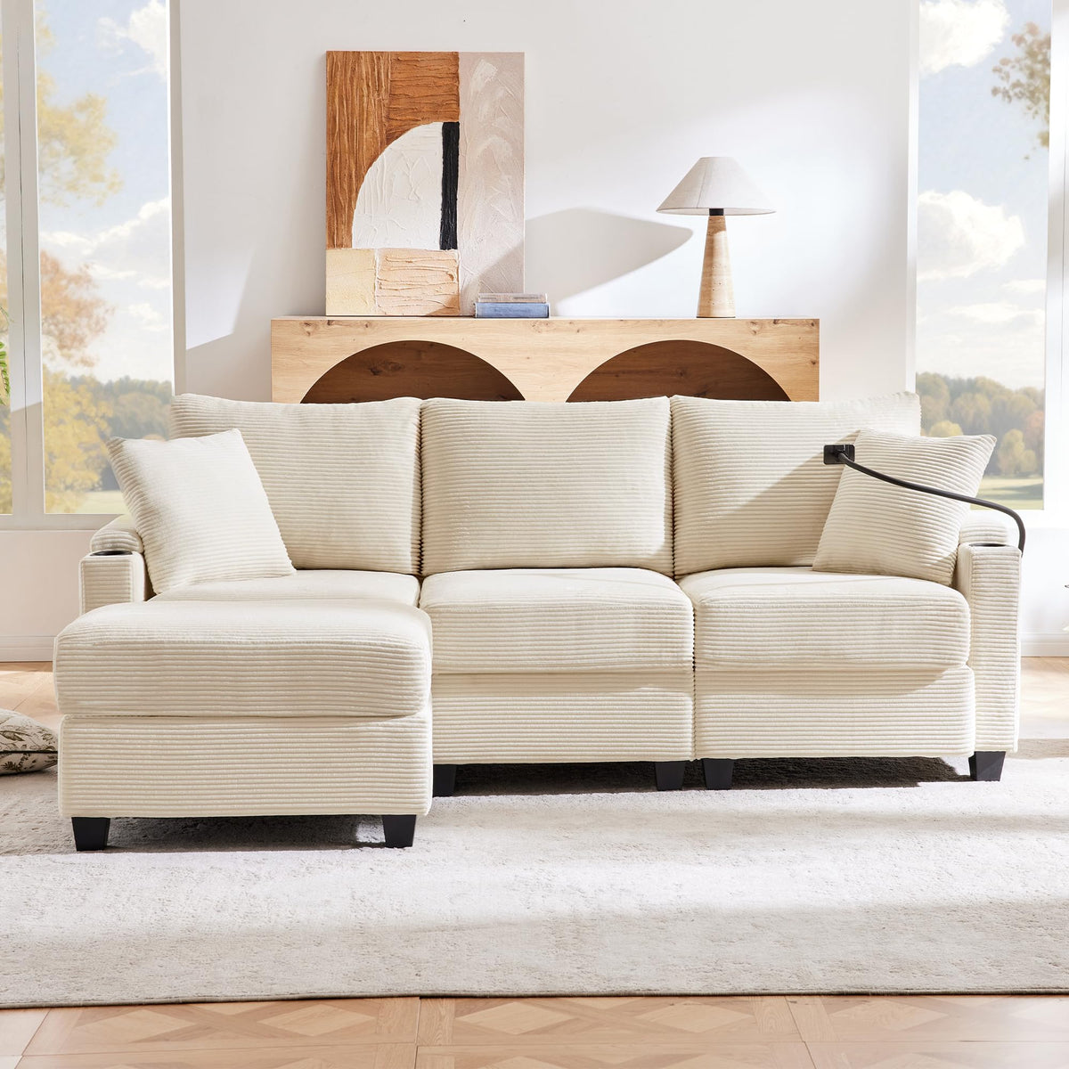 Sofá modular de 6 plazas, sofá esquinero en forma de L/U, puertos USB/tipo C, portavasos y espacio de almacenamiento, tela de chenilla, 7 cojines, salón, dormitorio y oficina, color beige