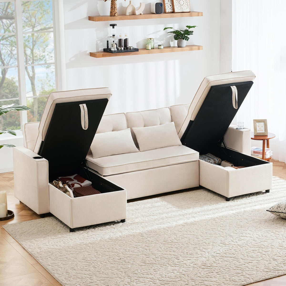 Sapgaks Sofá Seccional en U Moderno,Sofá 4 plazas,Mueble Acolchado de diseño Moderno,Tela de Chenilla (Beige)