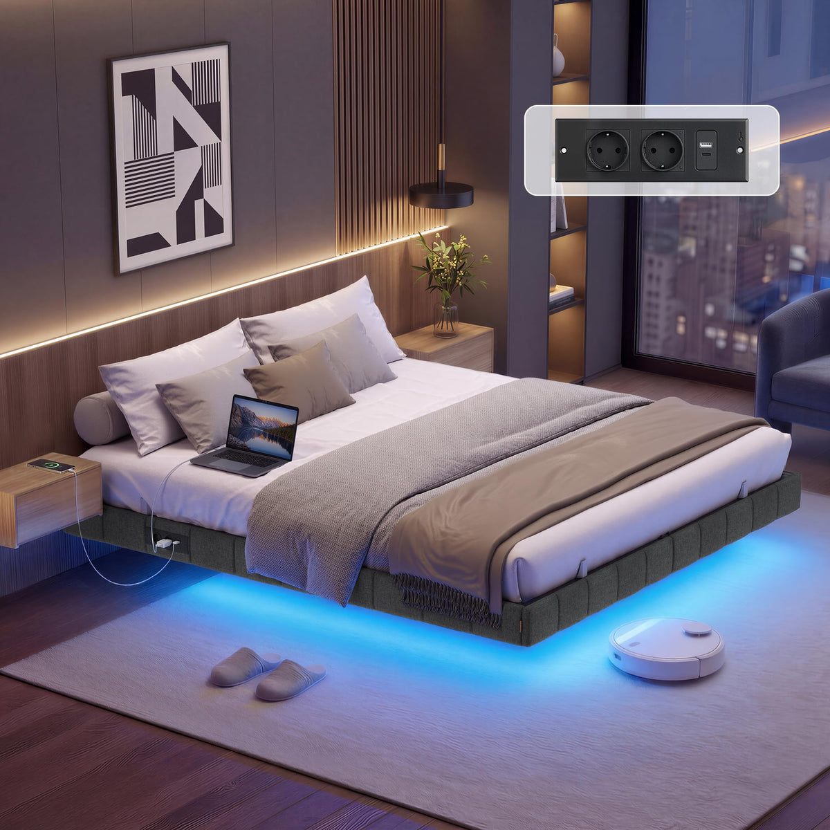 VASAGLE Marco de Cama Flotante, 140 x 200 cm, LED, 2 Tomas y 3 USB