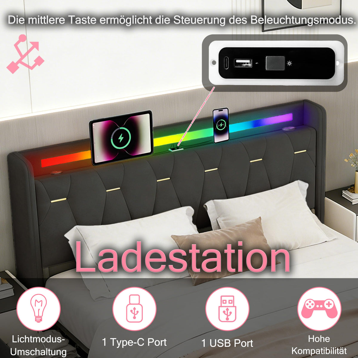 Estructura de Cama 140x200 cm con iluminación LED, Lino, Gris