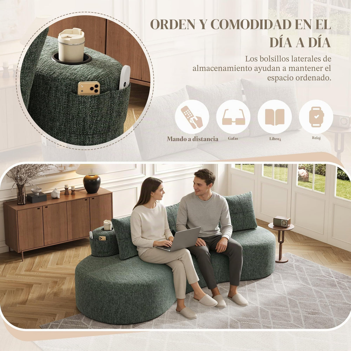 Bladez Sofá esquinero moderno curvado de 5 plazas, sofá modular de terciopelo, diseño curvado, cómodo sofá tapizado, cómodo sofá tapizado con cojines, adecuado para salón y apartamento, color blanco