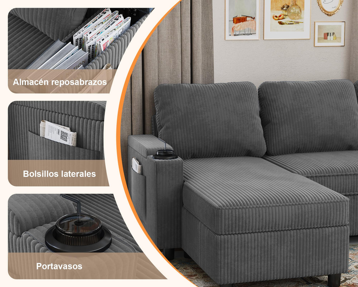 Devoko Sofá Cama L 3 plazas Azul Marino con almacén y portavasos, sofá Convertible Suave para salón y Piso, multifunción con Brazos amplios y Gran almacenaje