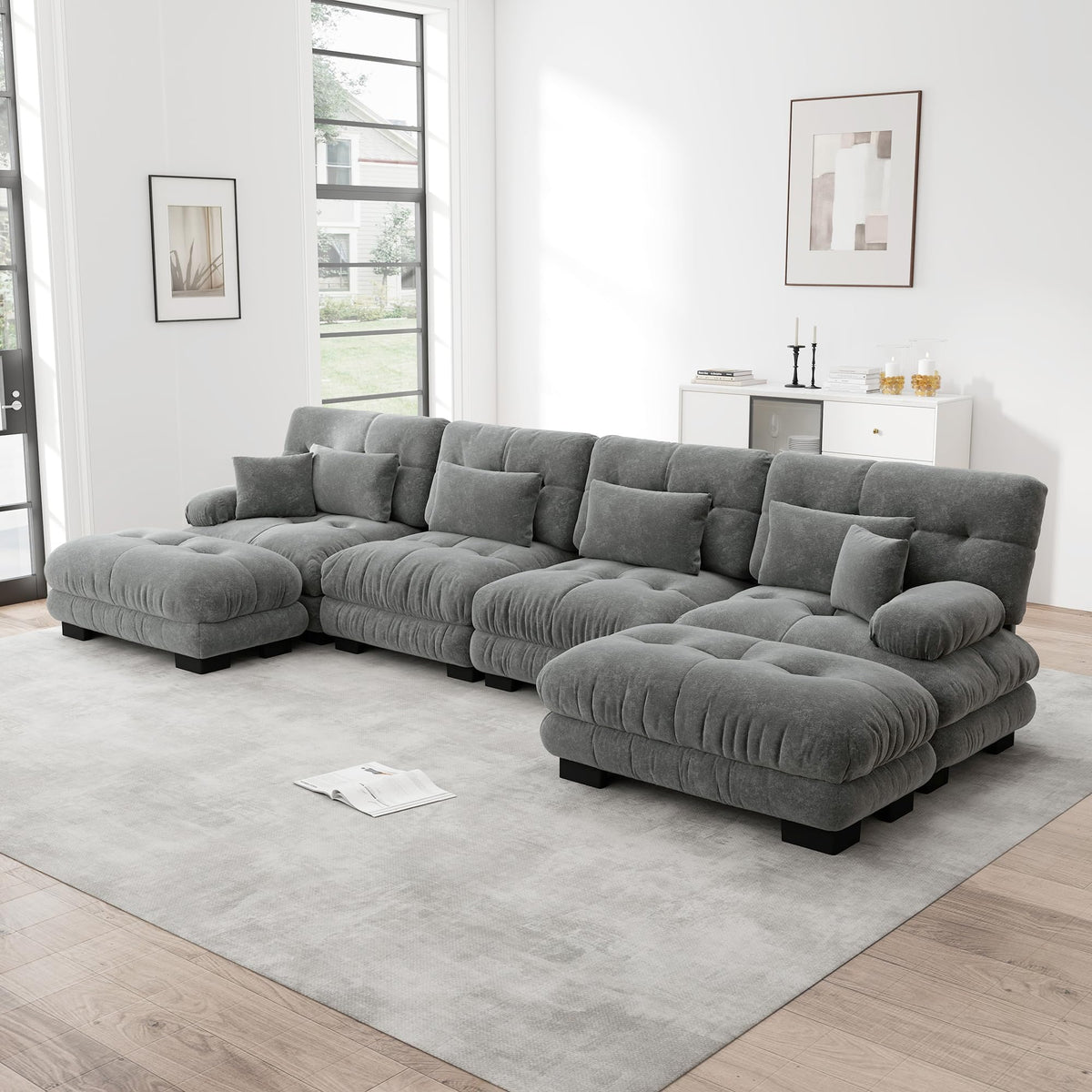 Sofá seccional Cloud en forma de L de 4 plazas con otomana móvil, ciniglia paisaje residencial con asiento profundo y reposabrazos anchos, gran sofá de sala para apartamento