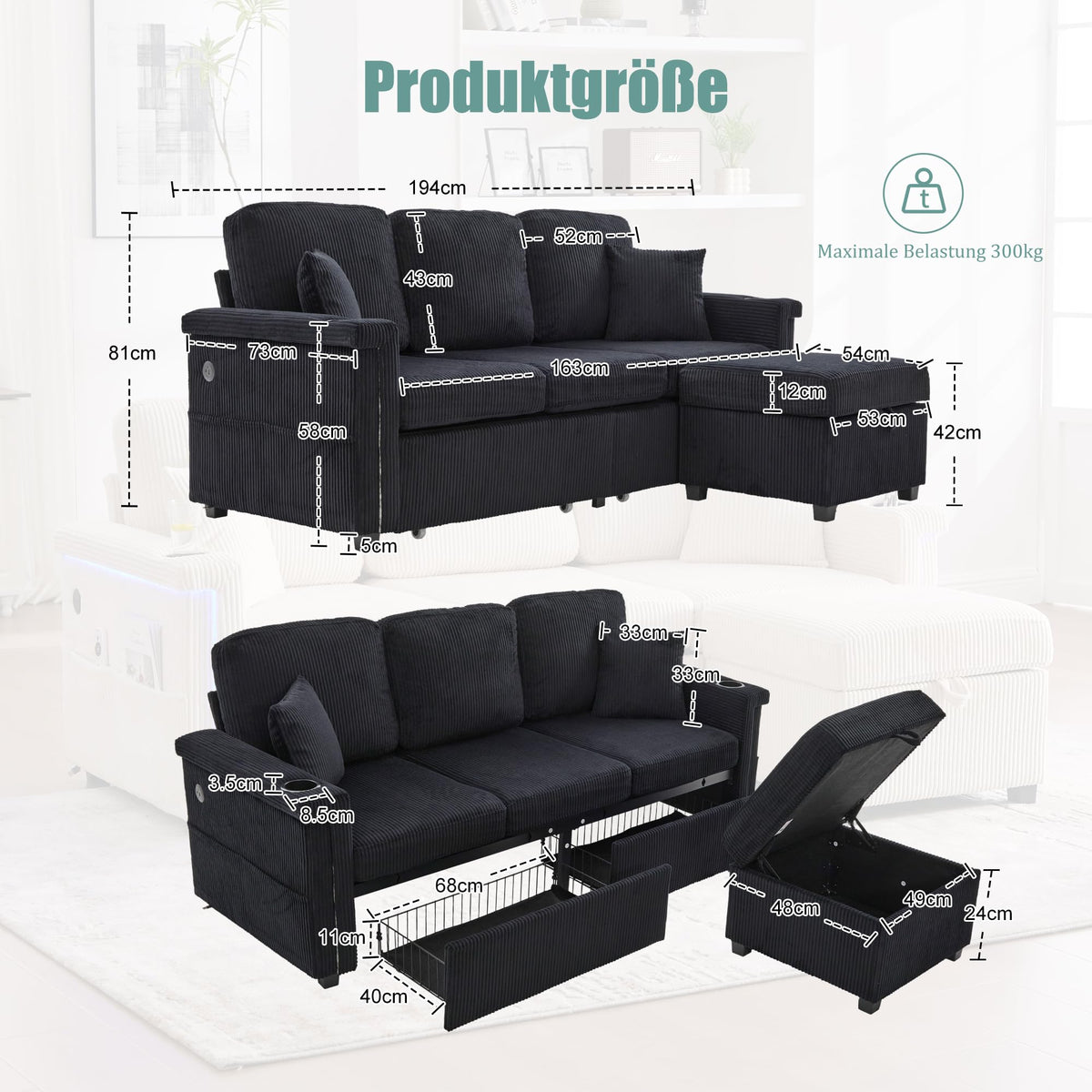 Dolamaní Sofá de terciopelo de 3 plazas con 2 cajones, soporte para bebidas, bolsillos laterales y reposapiés para sala de estar, dormitorio y oficina (beige)