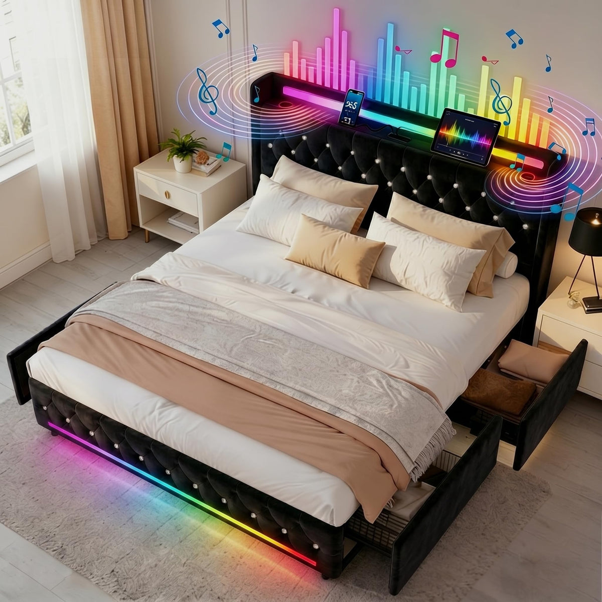 Estructura de Cama 140x200 cm con iluminación LED, Lino, Gris