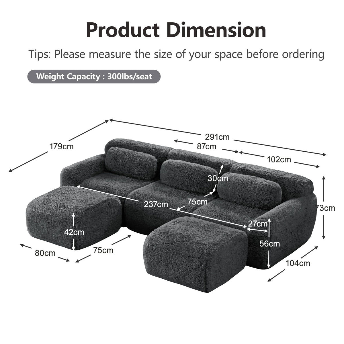 Sofá modular en forma de U, tela de felpa, sin montaje, base antideslizante, con cojín, soporte ergonómico, espuma de alta elasticidad, adecuado para sala de estar, dormitorio (caqui claro)