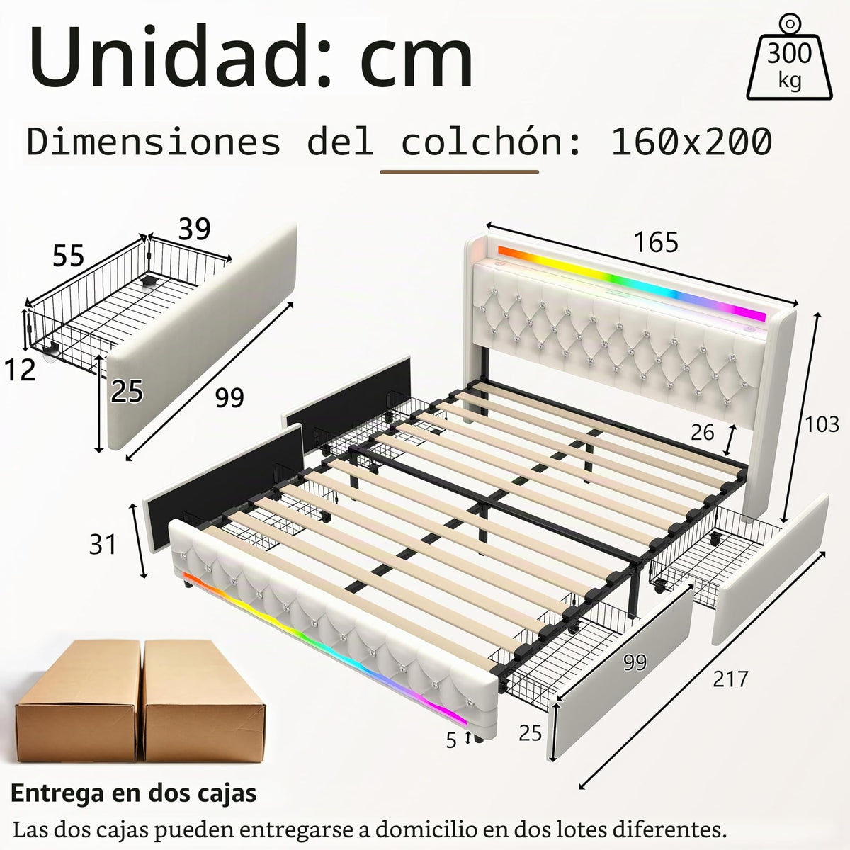 Estructura de Cama 140x200 cm con iluminación LED, Lino, Gris