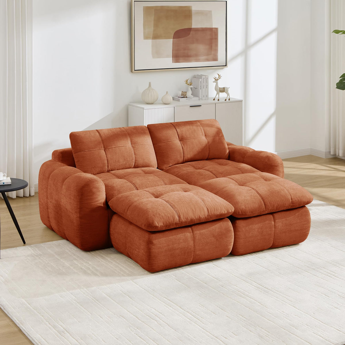 Sofá de 3 plazas con 1 taburete chenilla beige