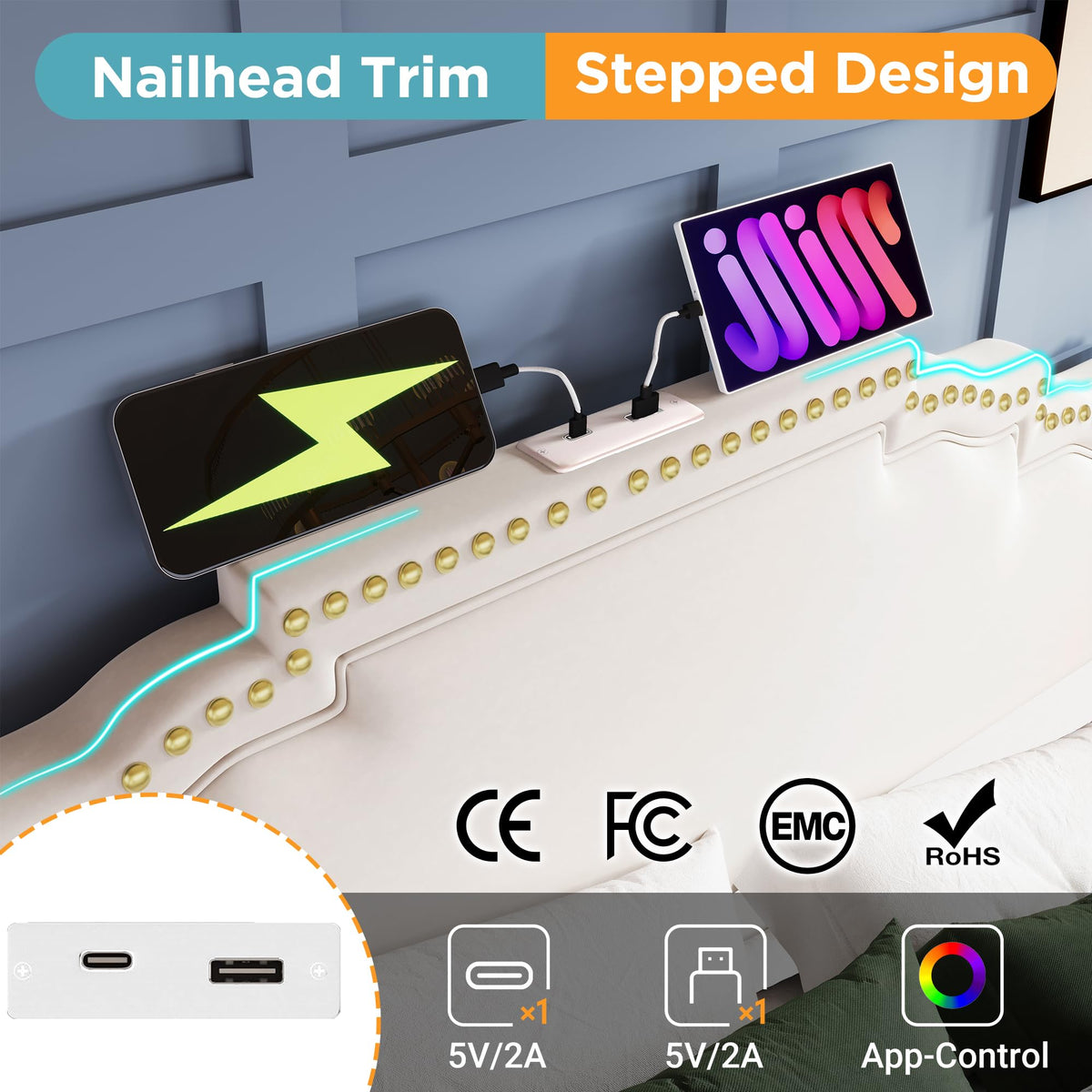 Cama tapizada de 160 x 200 cm, cama doble con 4 cajones, iluminación LED y puerto de carga USB-C, cama de almacenamiento y cama juvenil con somier, terciopelo, beige, sin colchón