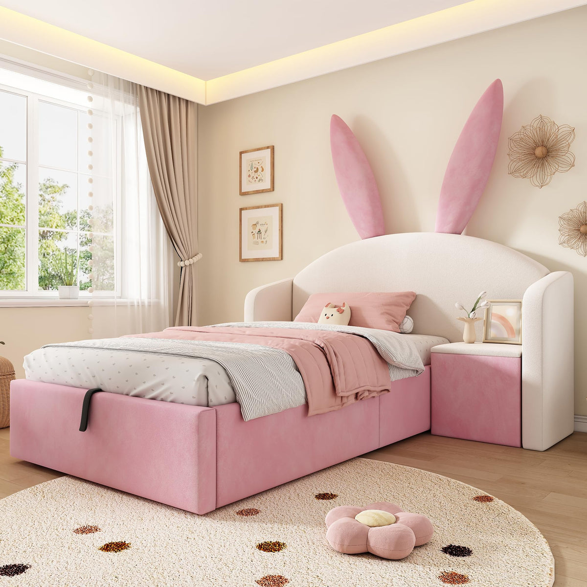 Kebnor Cama tapizada de terciopelo, orejas de conejo, cabecero con espacio de almacenamiento y mesita de noche, cama juvenil de diseño (sin colchón) (beis, 90 x 190 cm)
