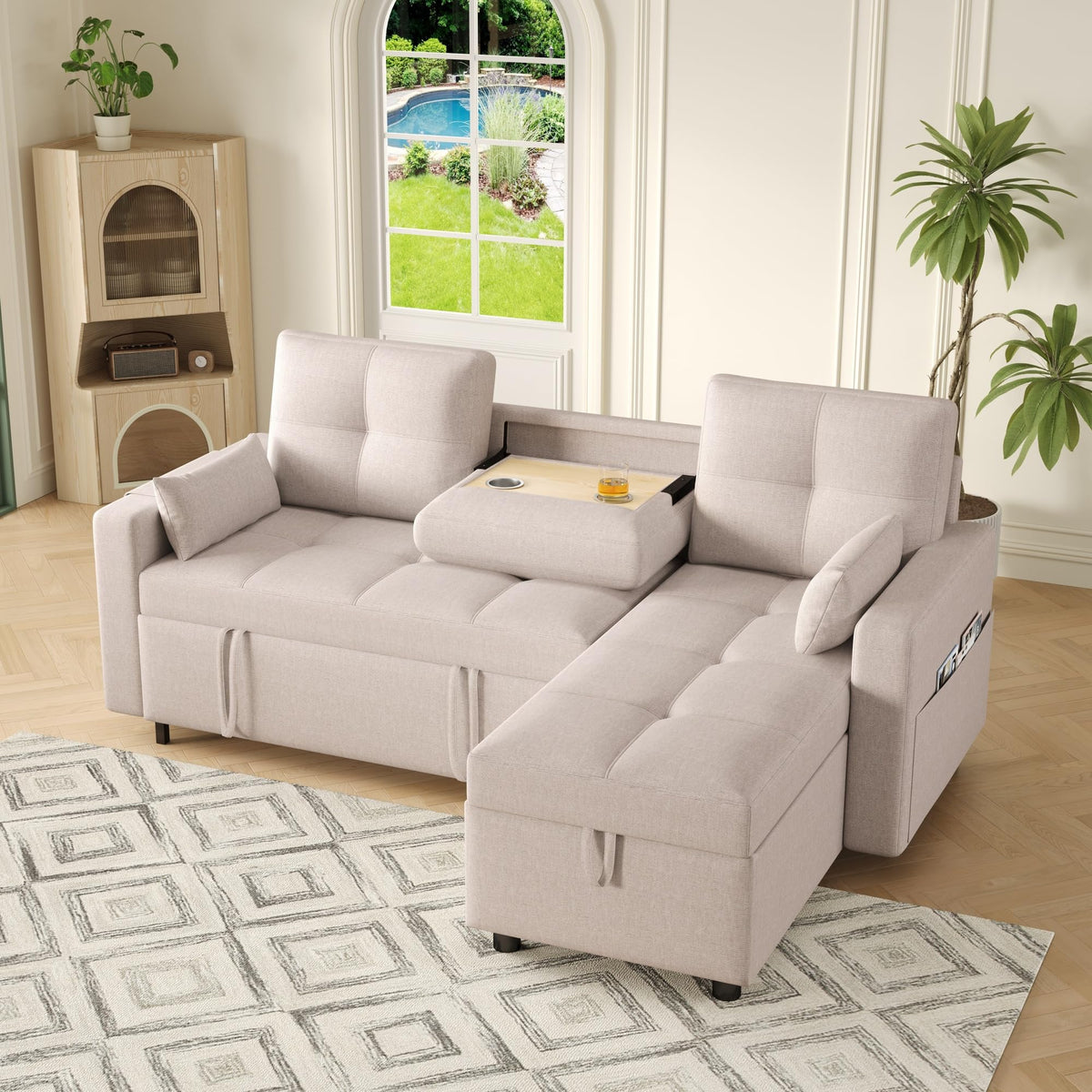Bladez Sofá cama extensible en forma de L de lino con espacio de almacenamiento, soporte para bebidas, sofá modular de 3 plazas para salón (gris)