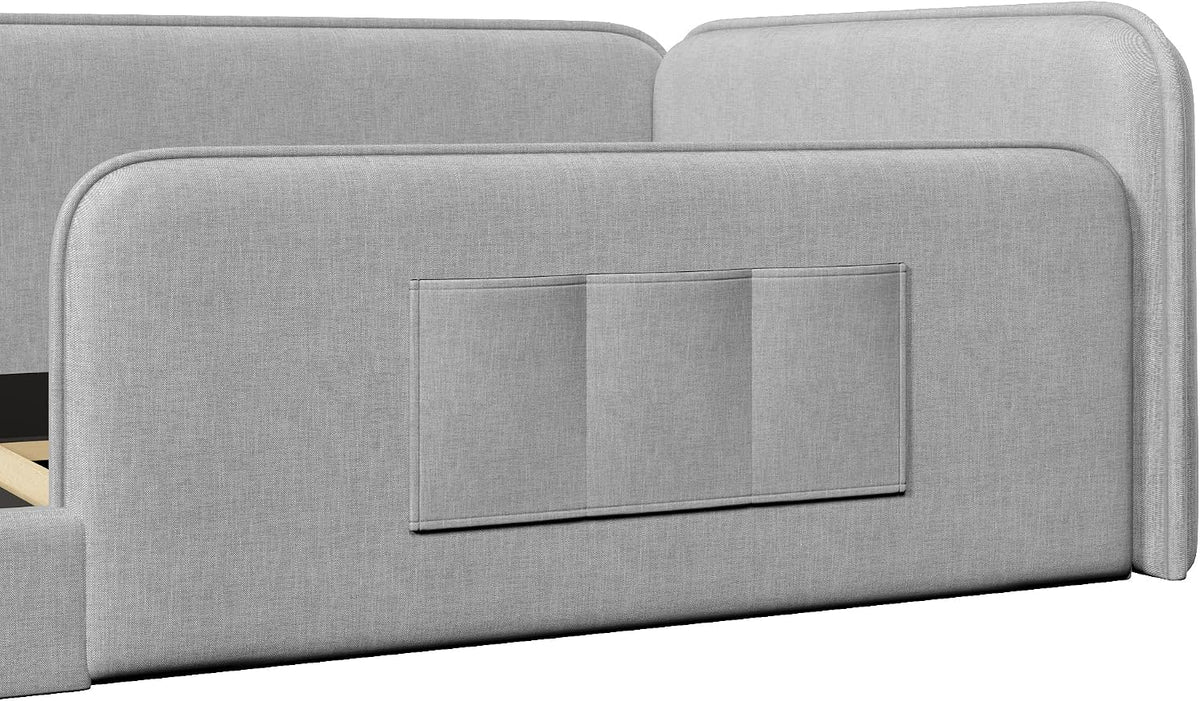 Cama con plataforma 90 x 200 cm con funda de lino suave, acolchado de espuma con marco de seguridad integral, color gris