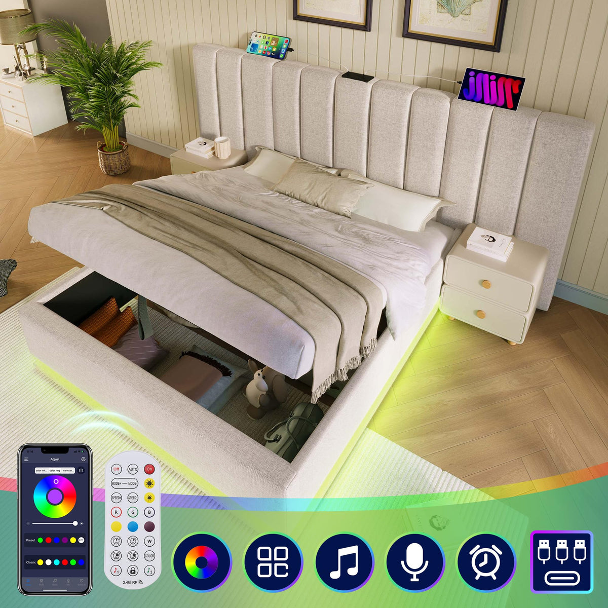 Cama tapizada 180×200cm, Cama Doble con canapé con LED y función de Carga USB-C, PU, sin colchón ni mesita de Noche (Blanco, 180 x 200 cm)