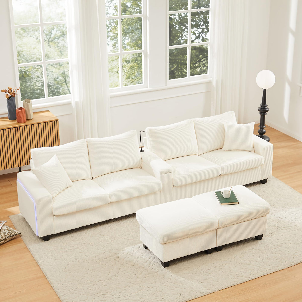 LAKFEW Sofa Cama con Cama Extensible y Taburete Almacenaje, Sofa Rinconera con USB, Lámpara de Lectura, Mesa Plegable con 2 Posavasos, 205x205x85 cm, Gris