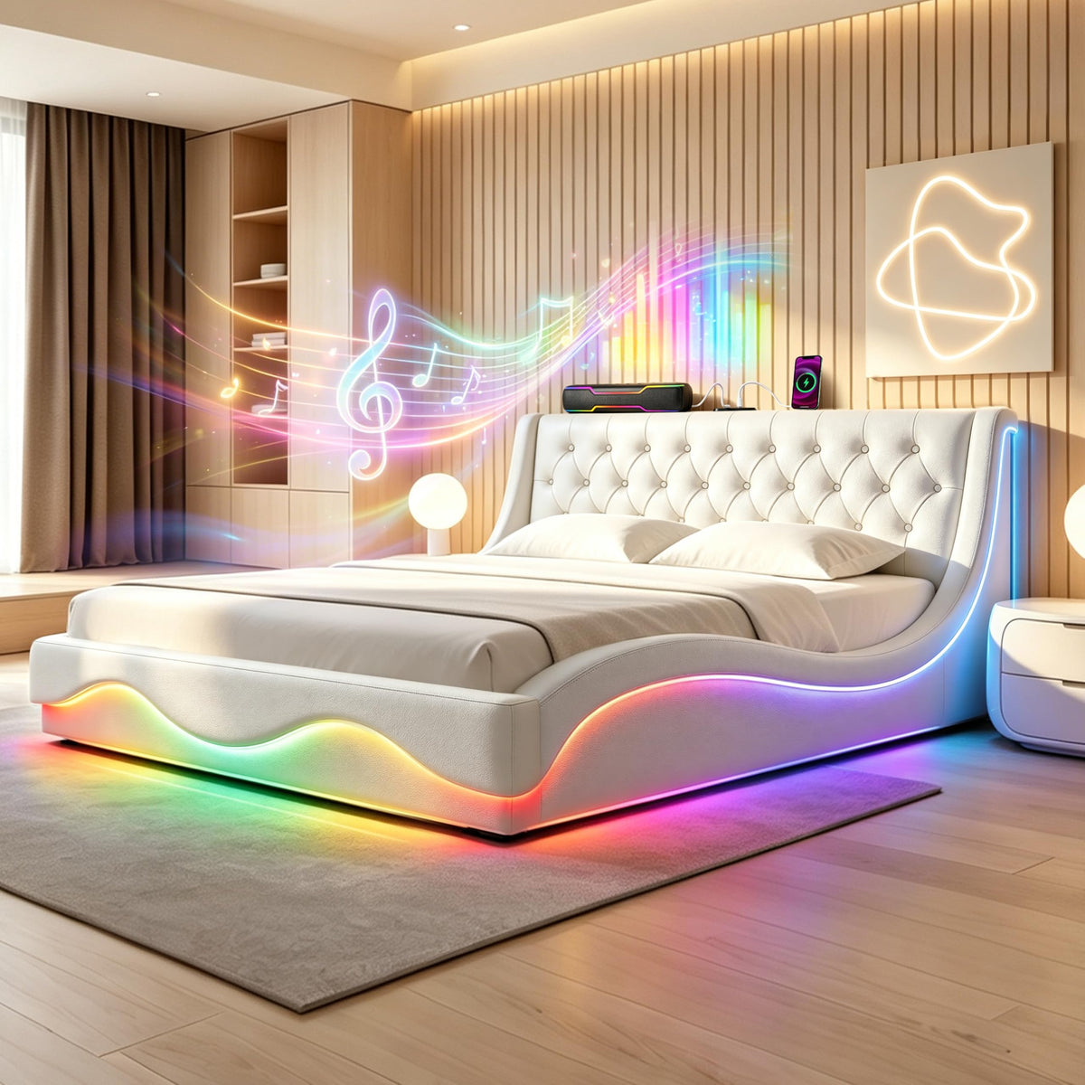 Armazón de Cama de Cuero 140x200cm con luz LED, Blanco