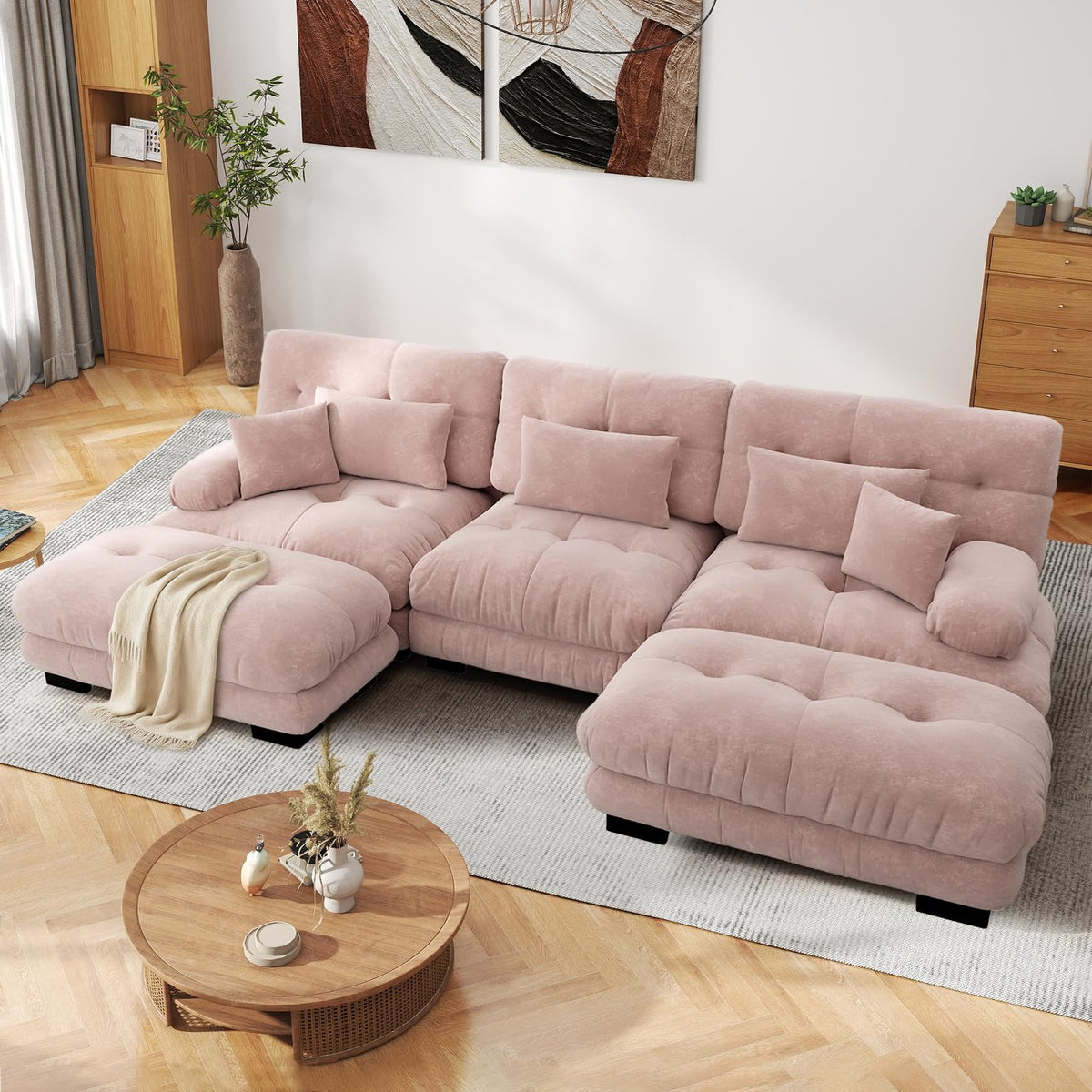SoarFlash Sofá U Modular de 4 plazas para salón Moderno, sofá Nube de Tela Chenille con reposabrazos, Color Amarillo, 145×406 cm