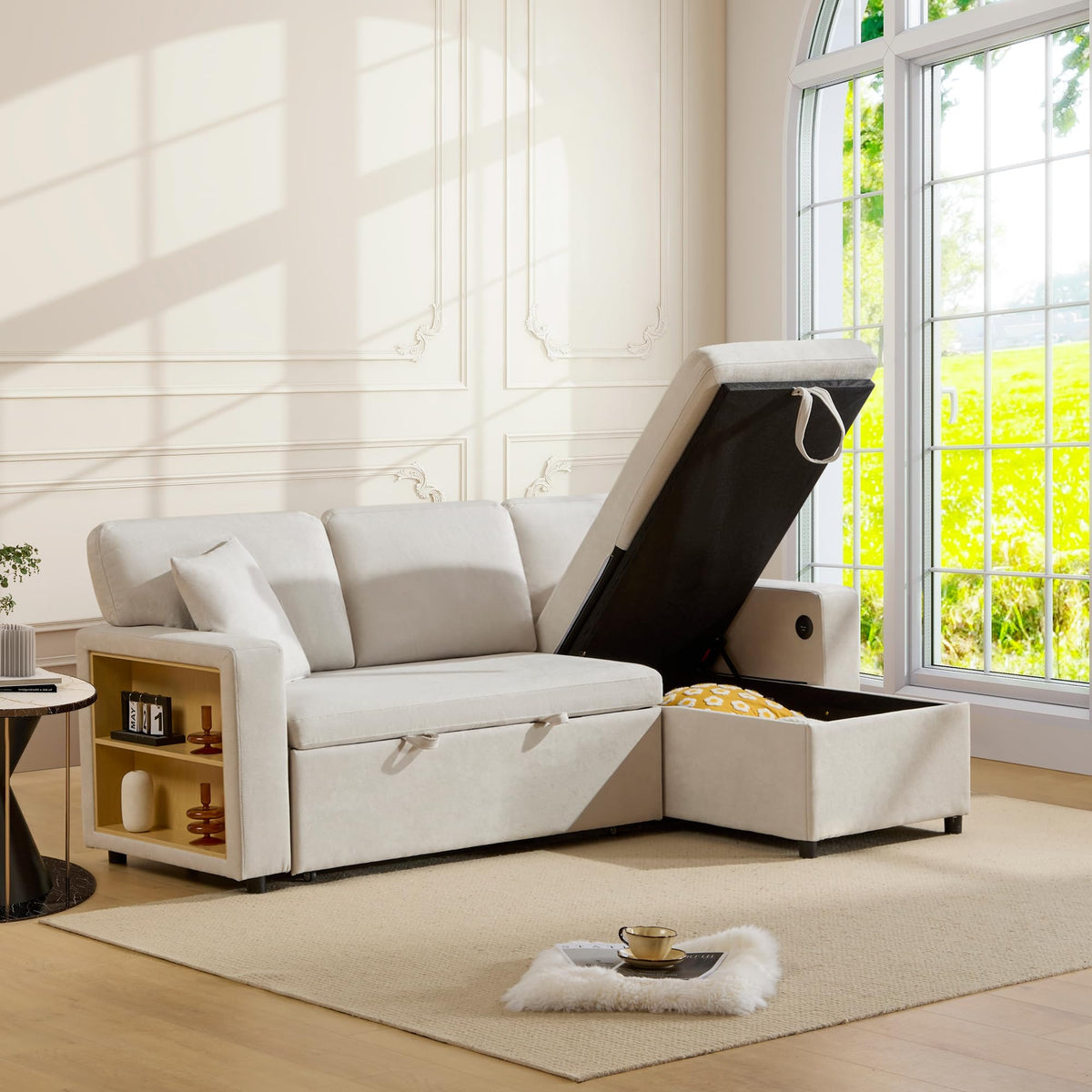Sofá esquinero extensible en forma de L con puerto USB y portavasos, sofá cama de 4 plazas con función cama, sofá convertible con espacio de almacenamiento y reposabrazos, cojines, chenilla