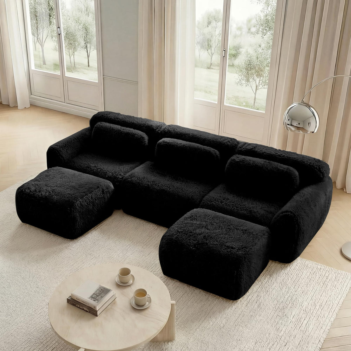 Sofá modular en forma de U, tela de felpa, sin montaje, base antideslizante, con cojín, soporte ergonómico, espuma de alta elasticidad, adecuado para sala de estar, dormitorio (caqui claro)