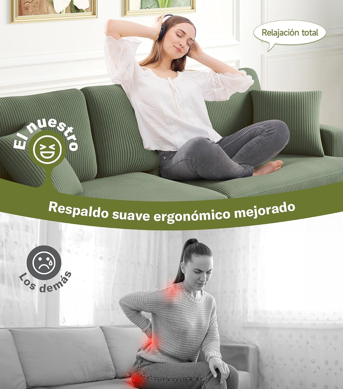 Kidirect Sofá de Pana de 3 plazas, 221 cm cómodo sofá de 53 cm Asientos Extra Profundos, sofá de salón Montaje sin Herramientas sofá Grande con 2 Cojines, sofá Moderno para Oficina,Verde Bosque