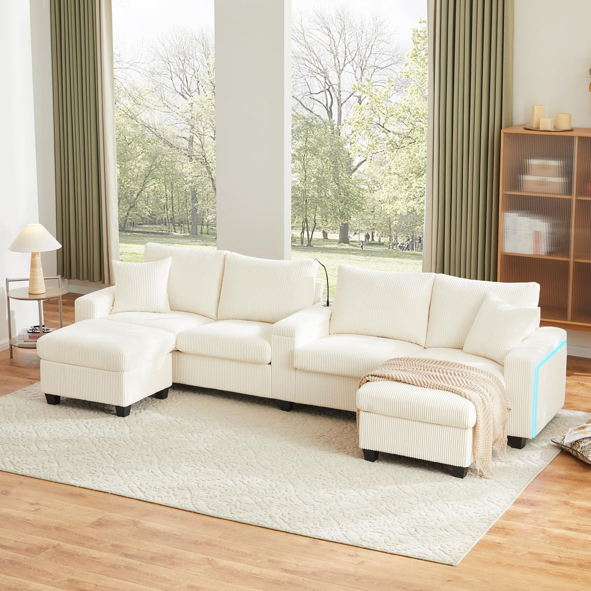 LAKFEW Sofa Cama con Cama Extensible y Taburete Almacenaje, Sofa Rinconera con USB, Lámpara de Lectura, Mesa Plegable con 2 Posavasos, 205x205x85 cm, Gris