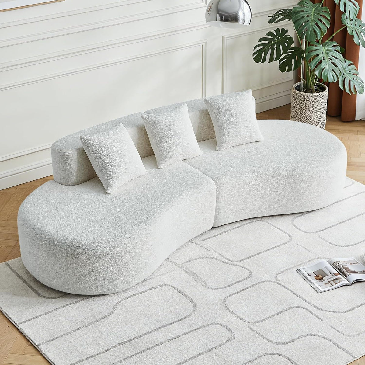 Bladez Sofá esquinero moderno curvado de 5 plazas, sofá modular de terciopelo, diseño curvado, cómodo sofá tapizado, cómodo sofá tapizado con cojines, adecuado para salón y apartamento, color blanco