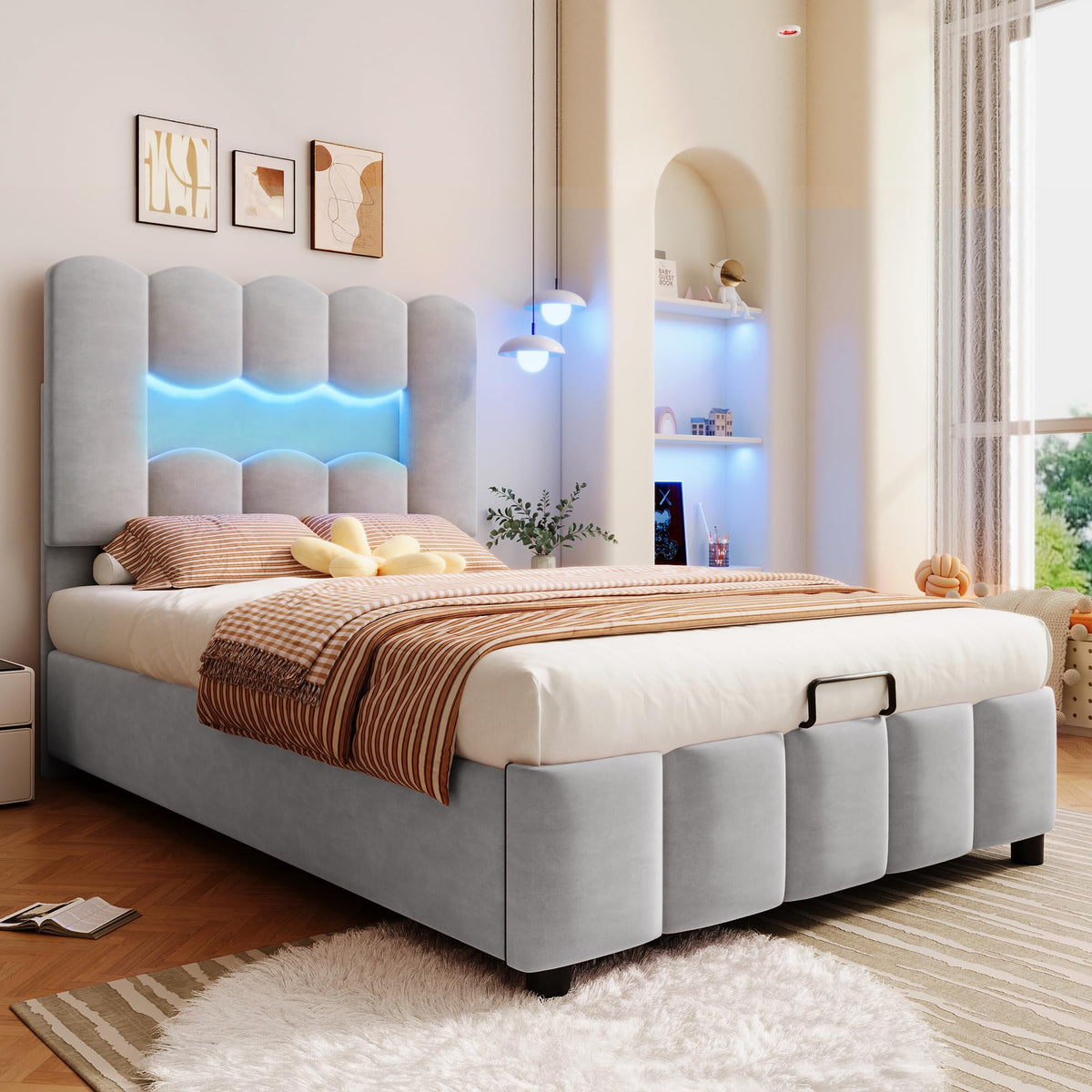 Kebnor Cama tapizada con somier, luz ambiental con mando a distancia, diseño de princesa heredera, material PU, color rosa (sin colchón) (140 x 200 cm)