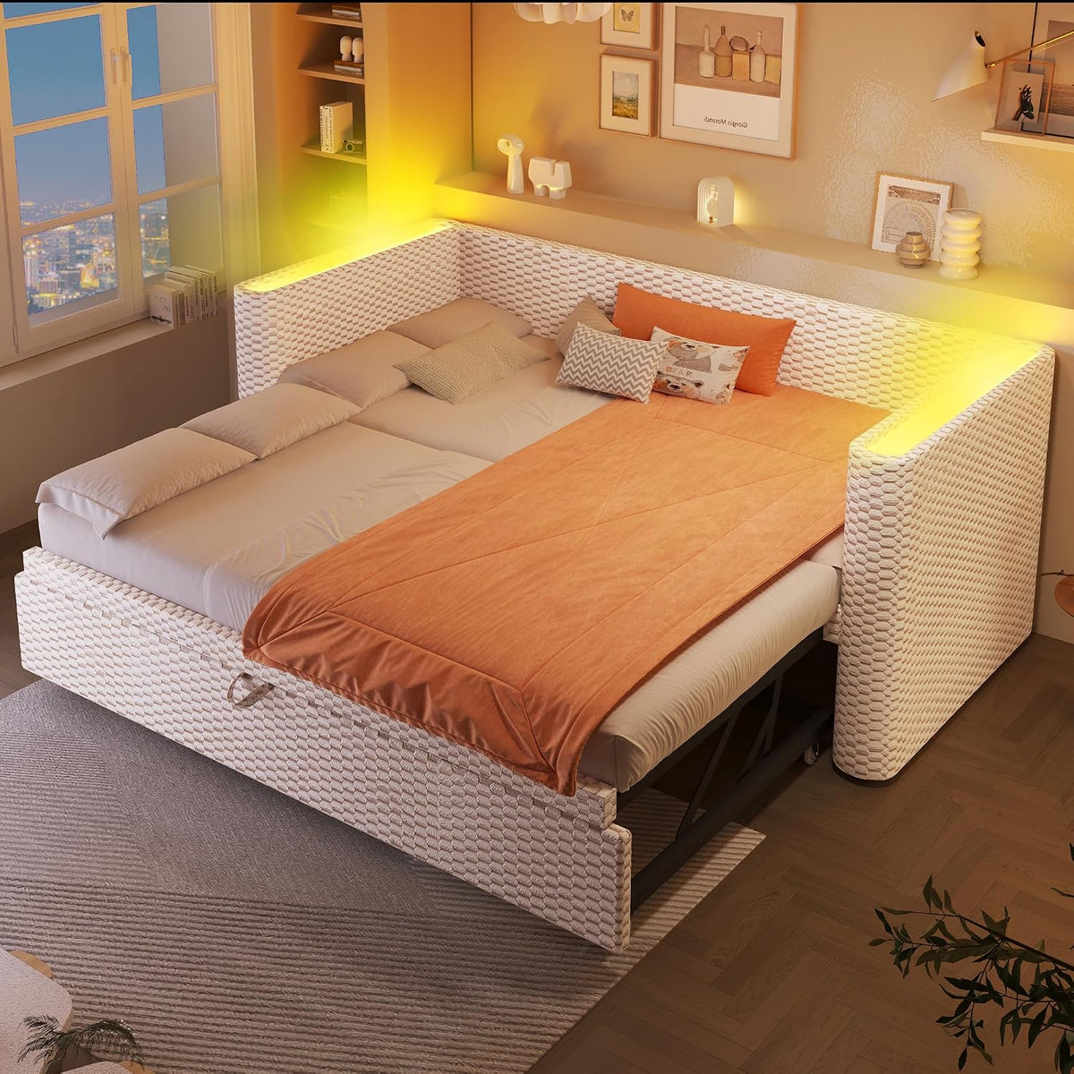 Moimhear Cama de día, diván cama, sofá cama, diseño de cama extensible multifuncional con tira de luz LED, somier de listones (sin colchón), terciopelo (beis, 90 x 200 cm+180 x 200 cm)