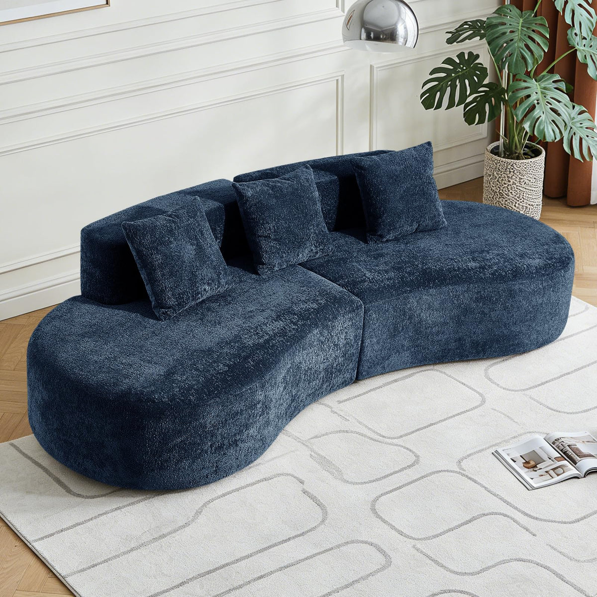 Bladez Sofá esquinero moderno curvado de 5 plazas, sofá modular de terciopelo, diseño curvado, cómodo sofá tapizado, cómodo sofá tapizado con cojines, adecuado para salón y apartamento, color blanco