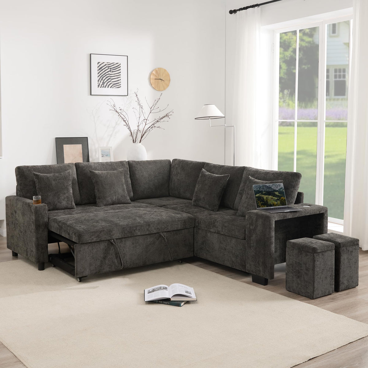 Sofá moderno de chenilla en forma de U con chaise longue, sofá esquinero de 4 plazas con espacio de almacenamiento, puerto USB y tipo C, modular, con soporte para bebidas y cojines suaves
