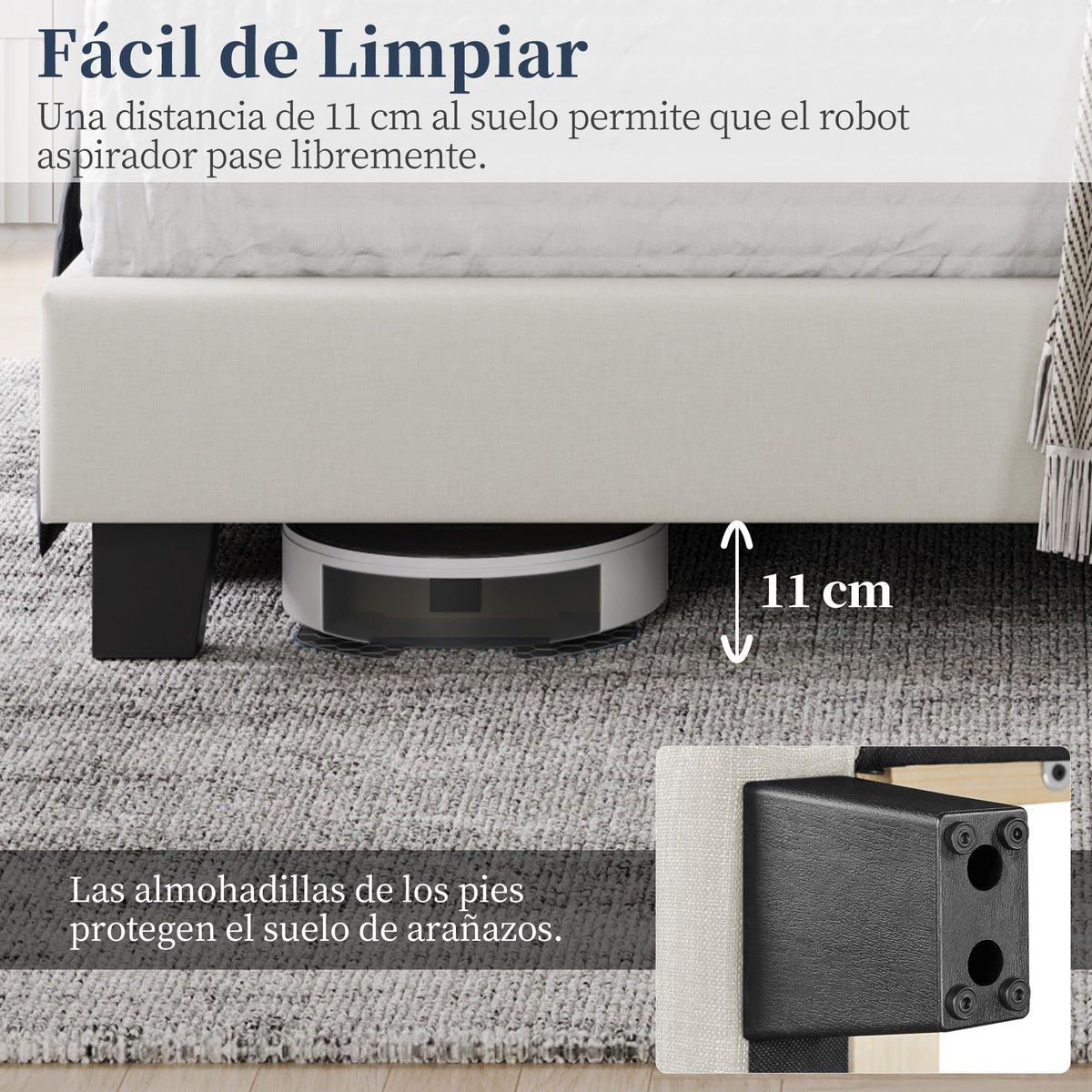 Yaheetech Cama Doble Tapizada 140 x 200cm con Somier de Lamas con Cabecero Rayado Moderno Estructura de Madera y Metal Marco de Cama para Adultos 2 Personas Beige