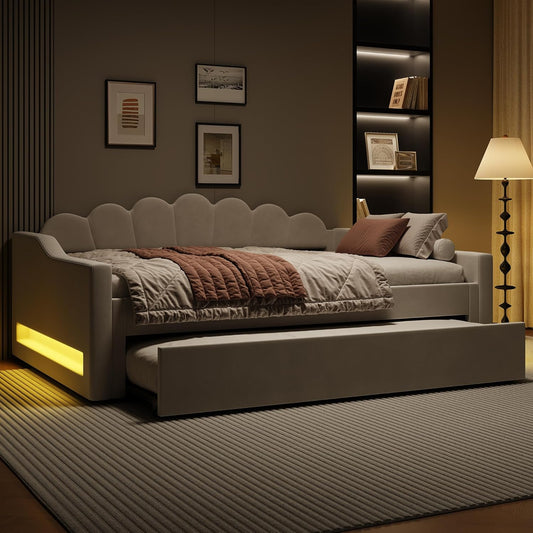 Cama acolchada de 140 x 200 cm con cinturón LED y cama nido (beige)