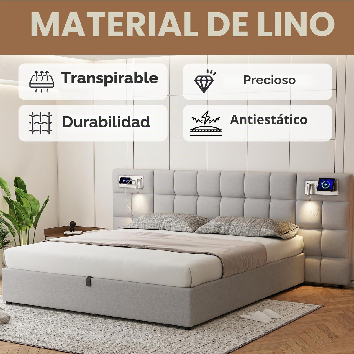 Cama 180x200 cm Camas Matrimoniales con LED y Lámpara de Noche, Cama Doble Tapizada con USB y Cabecero Ancho, Almacenaje Hidráulico, Soporte de Lamas de Madera, Terciopelo, Sin Colchón, Gris