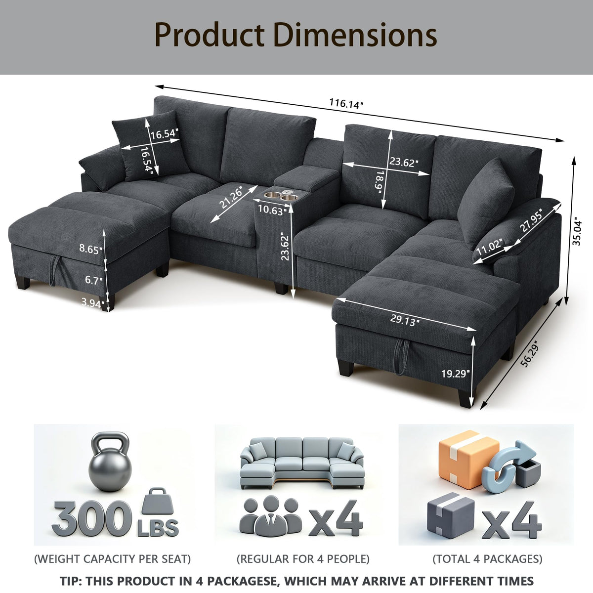 Modular Forma U Sofá de 4 Plazas, 295cm Sofá Esquinero para Sala