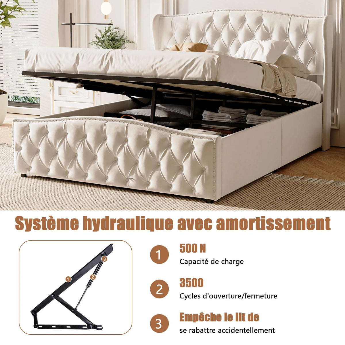 BRILVERDE Cama Tapizada 160x200 con Almacenamiento hidráulico, Cama matrimonial con lámpara de mesita, Cabecero Acolchado y Base de Láminas, Terciopelo (Beige, 160 x 200 cm)