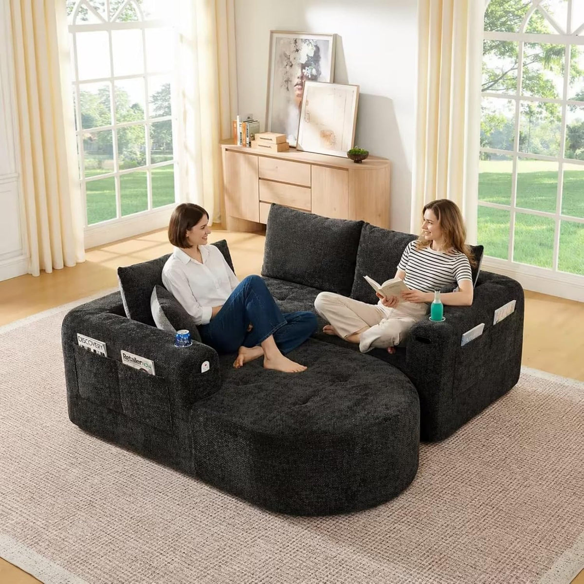 KOMHTOM Sofá Chaise Longue en L con Cojines (Negro)