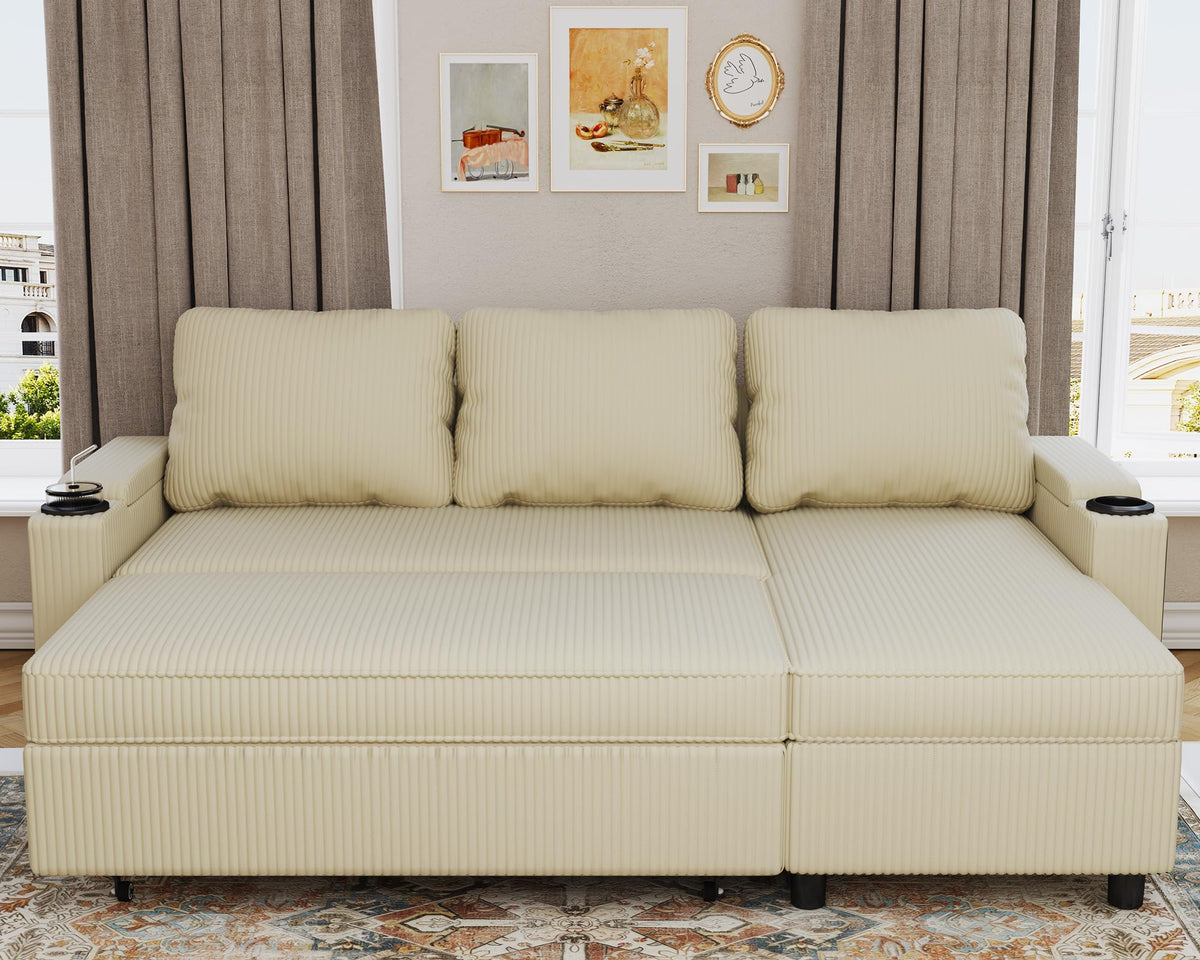 Devoko Sofá Cama L 3 plazas Azul Marino con almacén y portavasos, sofá Convertible Suave para salón y Piso, multifunción con Brazos amplios y Gran almacenaje