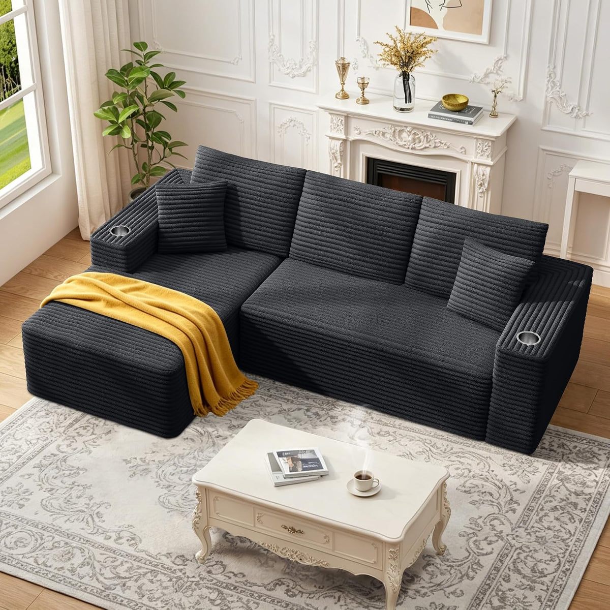 Sofa Modular sofás Comprimidos al vacío, Sofa Cama Chaise Longue 102 inch/261cm Sofá de Suelo Modular sin Estructura con Función de Dormir, Sofá para Salón o Apartamento, Negro