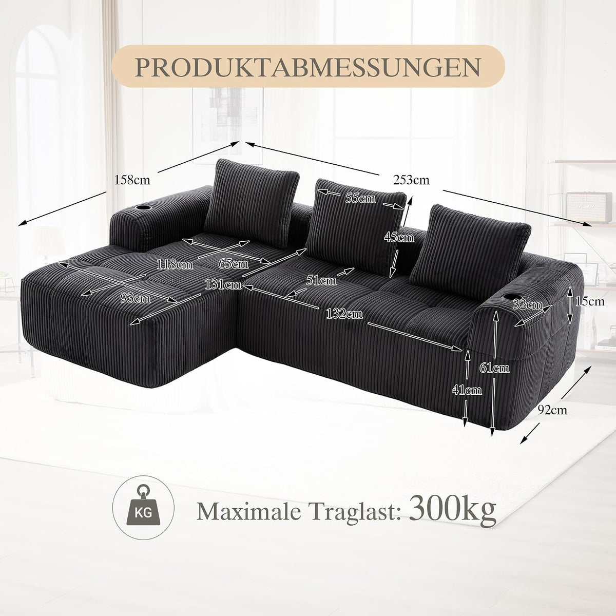 Dolamaní Sofá compacto de 3 plazas de pana con 3 cojines, sofá esquinero en forma de L con función de dormir, suave y modular, asiento extraprofundo, sin montaje, para salón (gris oscuro)