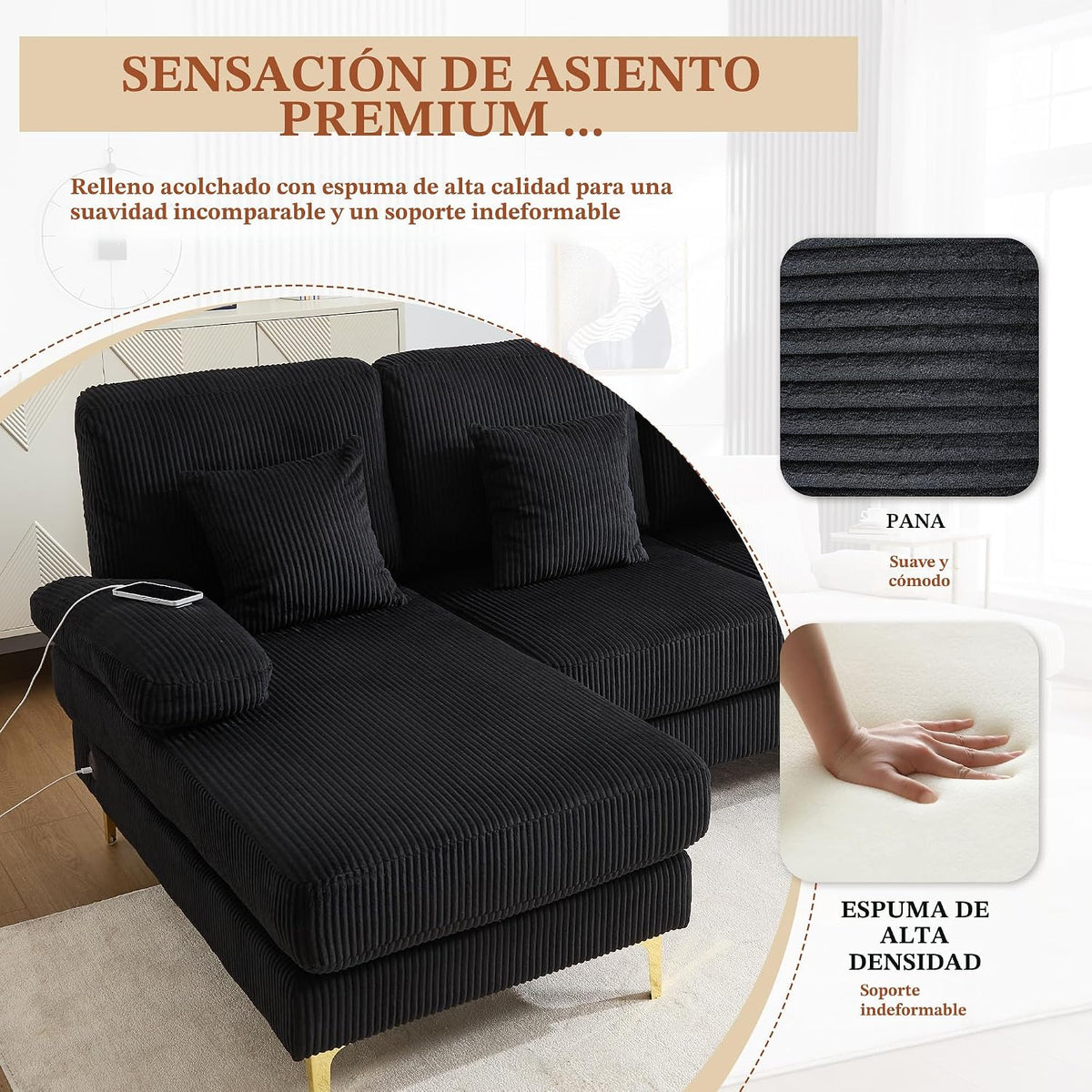 Lubvtti Sofá Moderno en U con iluminación Ambiental LED y Puerto USB+Type-C,sofá 4 plazas con 4 Cojines de Lujo y Respaldo ergonómico, sofá cheslong 4 plazas,Terciopelo,Negro