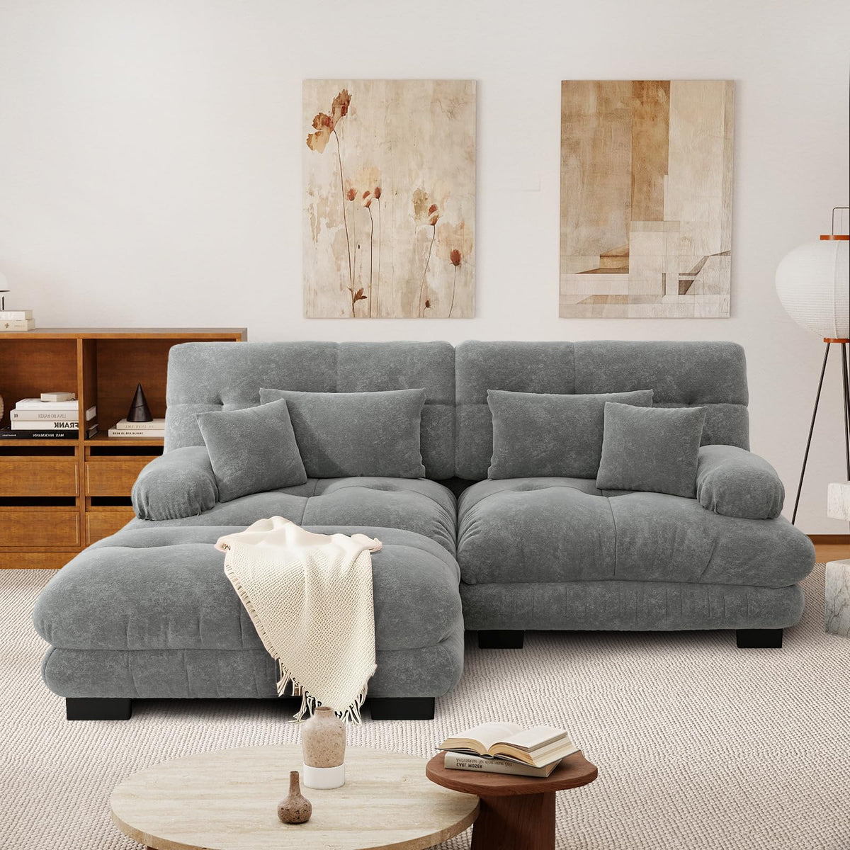 SoarFlash Sofá U Modular de 4 plazas para salón Moderno, sofá Nube de Tela Chenille con reposabrazos, Color Amarillo, 145×406 cm