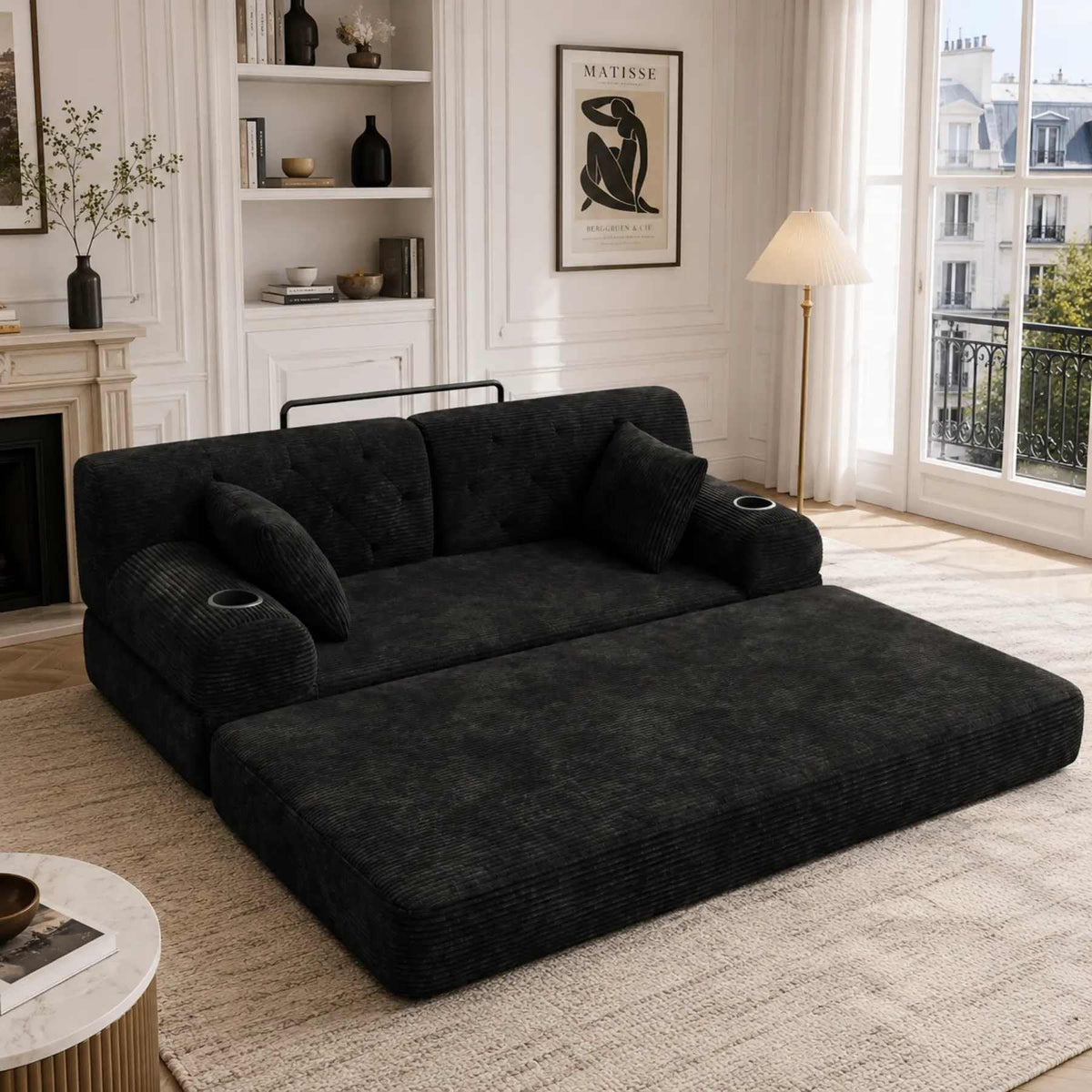 YEHTOKHOME - Sofá de Velor acanalado con respaldo alto y estructura metálica, sofá moderno de 2 plazas con 2 portavasos y 4 bolsillos laterales, para salón, dormitorio (Beige)