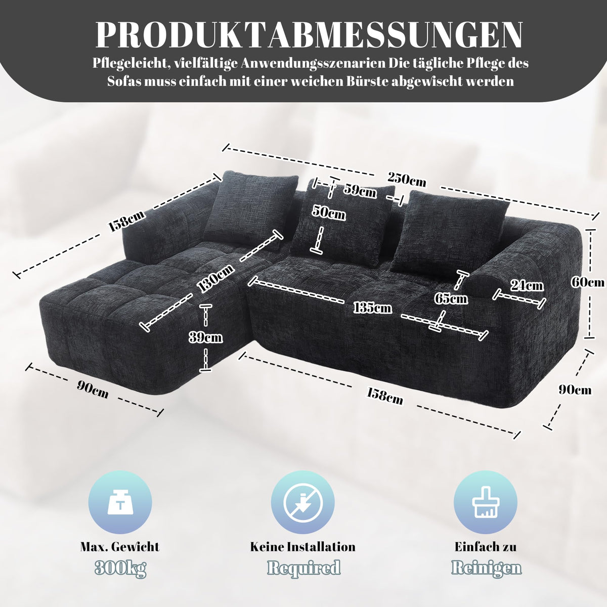 Soweiz Sofá L, seccional de 3 plazas, sofá con chaise longue y reposabrazos, 3 cojines, bolsillo lateral para mando a distancia, 250 x 158 x 60 cm