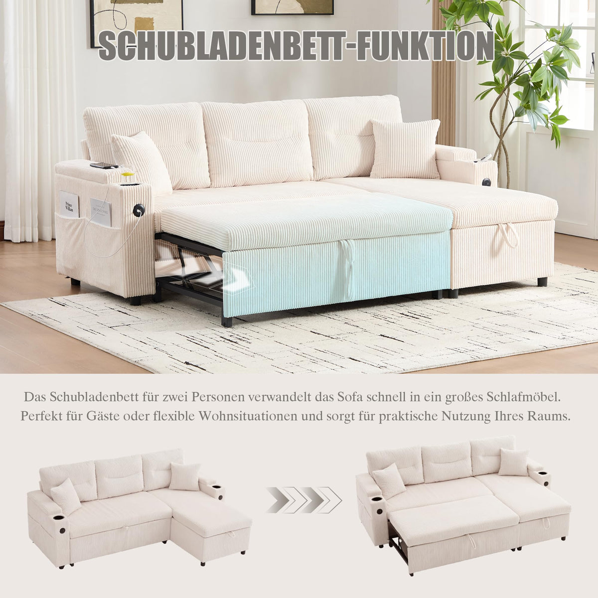 Dolamaní Sofá moderno de 4 plazas de tela de lino con espacio de almacenamiento y función de dormir, sofá cama con cajonera extensible en forma de L para casa y salón (beige B)