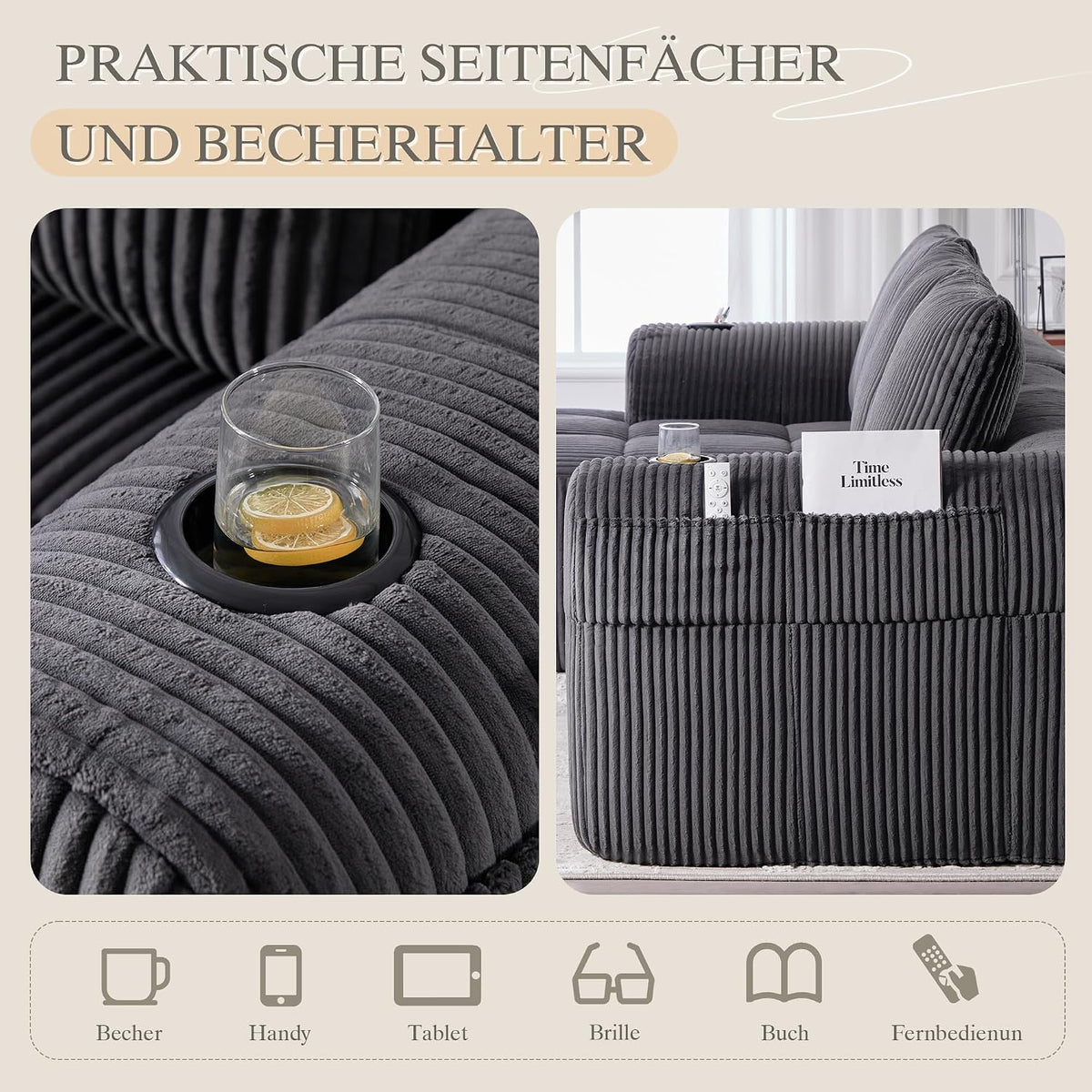 Dolamaní Sofá compacto de 3 plazas de pana con 3 cojines, sofá esquinero en forma de L con función de dormir, suave y modular, asiento extraprofundo, sin montaje, para salón (gris oscuro)