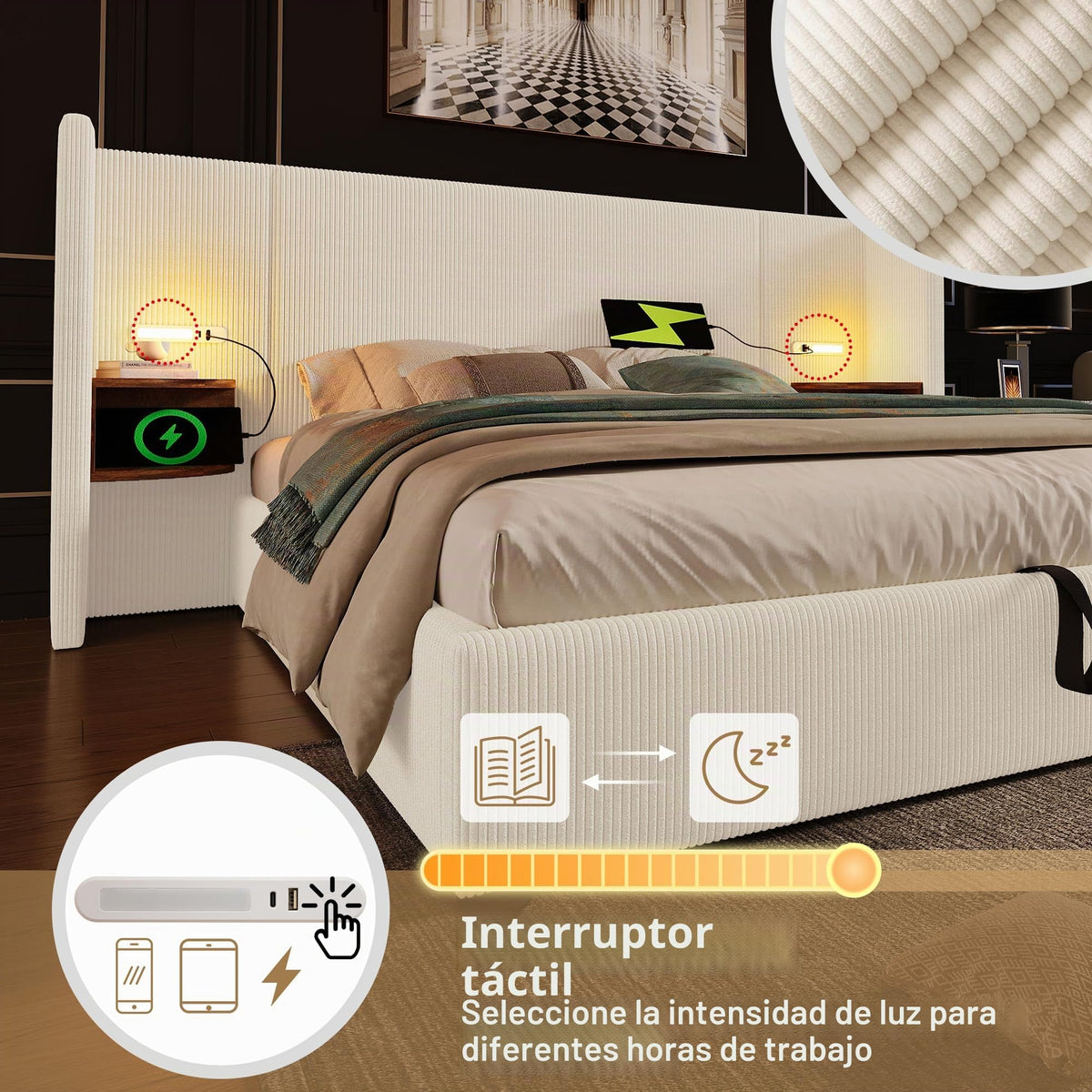 Camas Matrimoniales 160x200 con Cabecero Extendido y Espacio de Almacenaje Hidráulica, Cama Matrimonio con Lámpara de Lectura, Cama Doble con Puerto USB y Tipo C, Lino, Gris, Sin Colchón