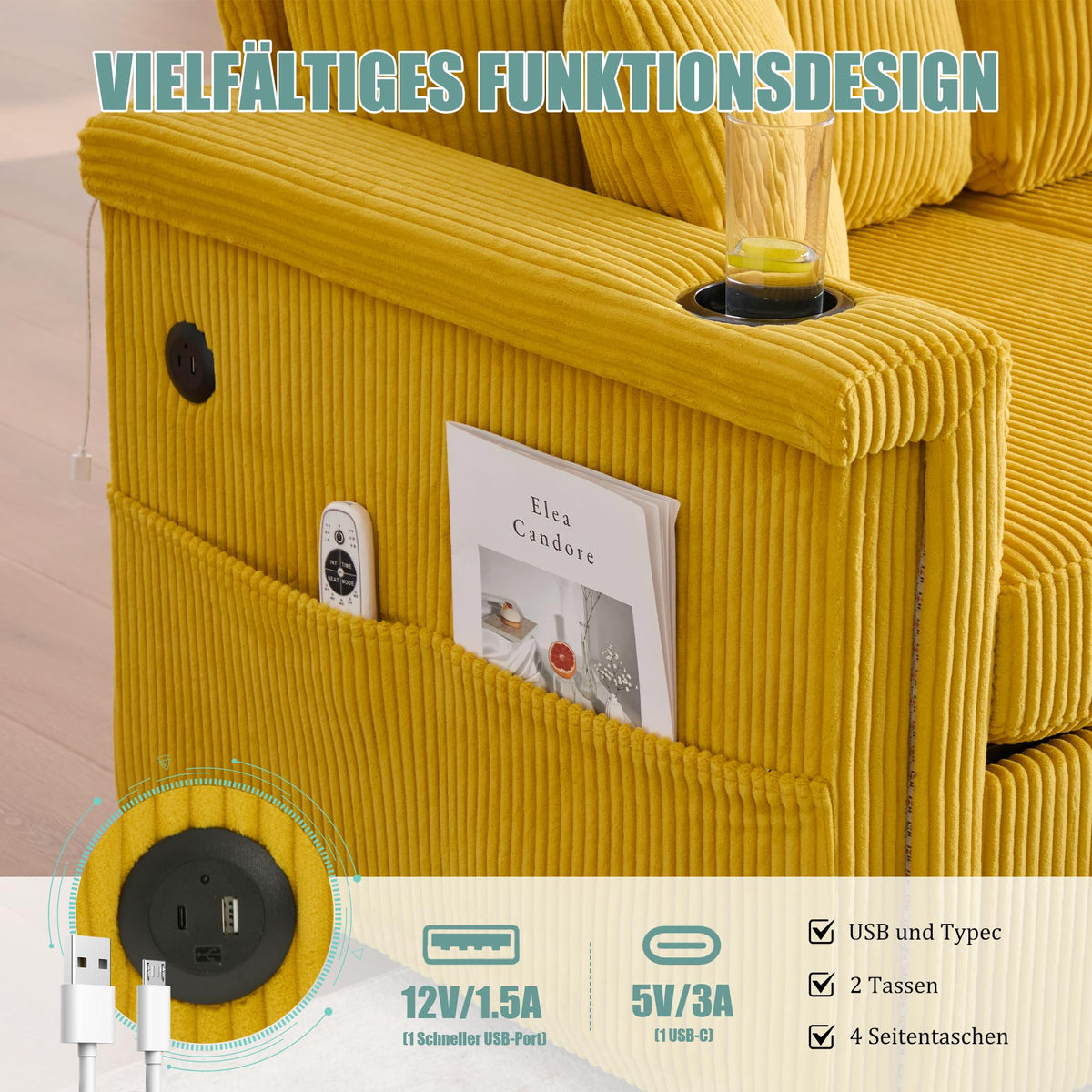 Dolamaní Sofá de terciopelo de 3 plazas con 2 cajones, soporte para bebidas, bolsillos laterales y reposapiés para sala de estar, dormitorio y oficina (beige)