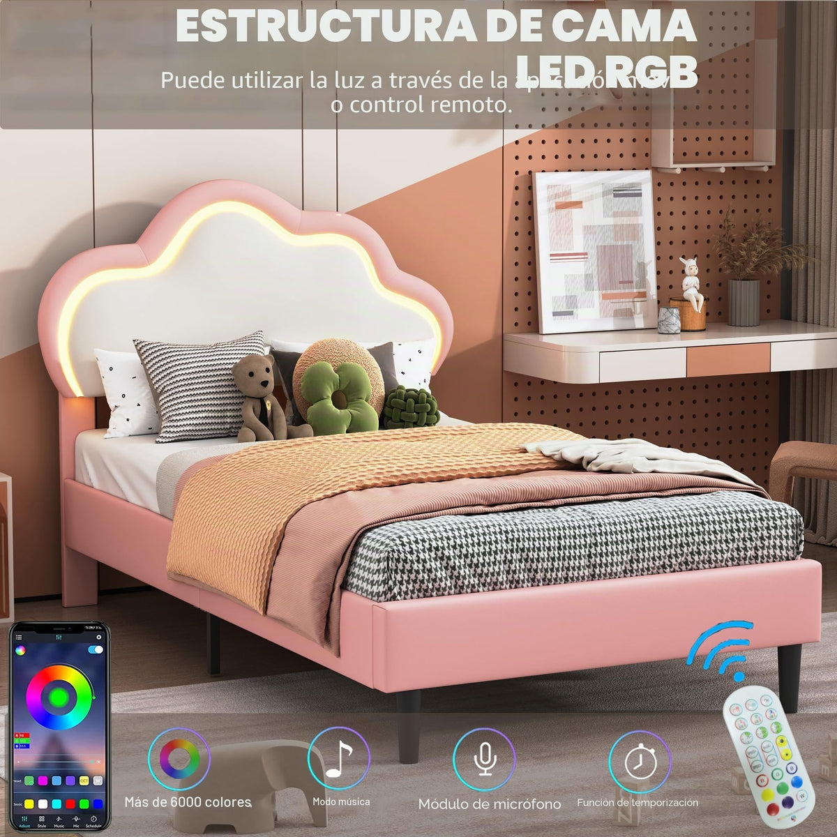 LIVLUX Cama Tapizada 90 x 200 cm, Cama Princesa con Cabezal LED Ajustable y Somier de Lamillas, Cama para Niña, Diseño en Forma de Corona para Niños y Adolescentes (Rosa, 90 x 200 cm)