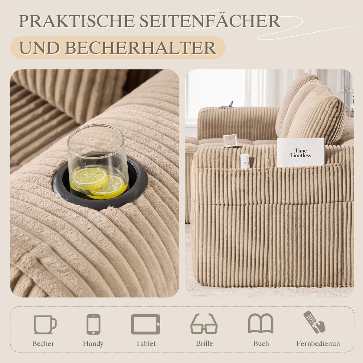Dolamaní Sofá compacto de 3 plazas de pana con 3 cojines, sofá esquinero en forma de L con función de dormir, suave y modular, asiento extraprofundo, sin montaje, para salón (gris oscuro)