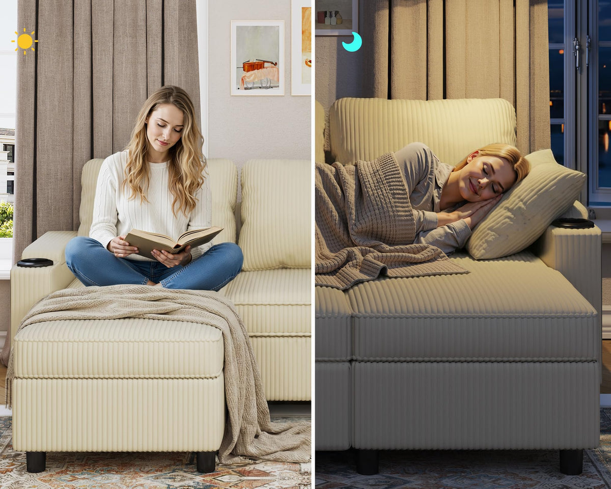 Devoko Sofá Cama L 3 plazas Azul Marino con almacén y portavasos, sofá Convertible Suave para salón y Piso, multifunción con Brazos amplios y Gran almacenaje