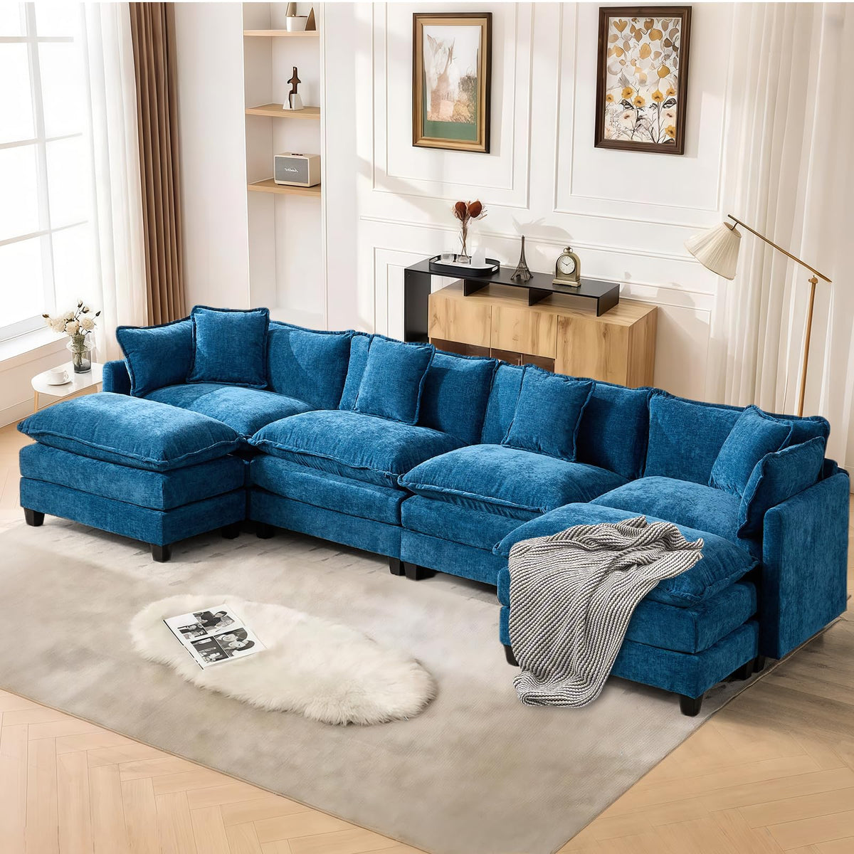 Sofá de salón modular 4 plazas 380cm, chenilla azul con cojines dobles